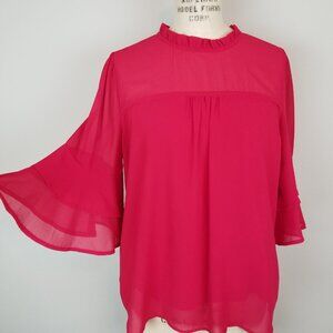 Monteau Red Blouse with Flared Ruffled 3/4 Sleeves & Collar Women's Size Large